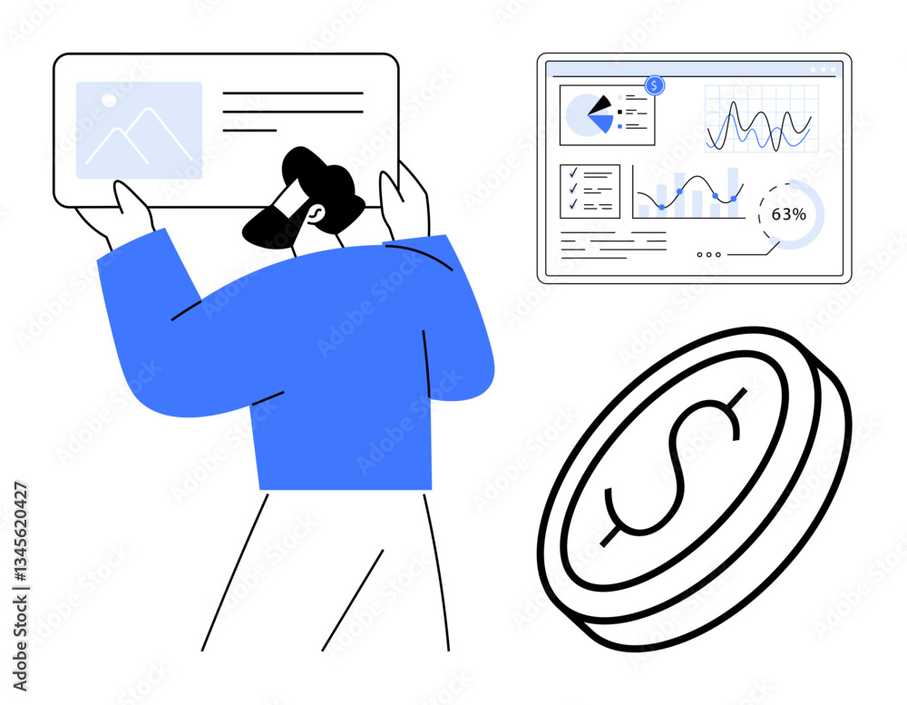 Poster man reviewing visual data on tablet, detailed analytics dashboard, and coin representing financial g