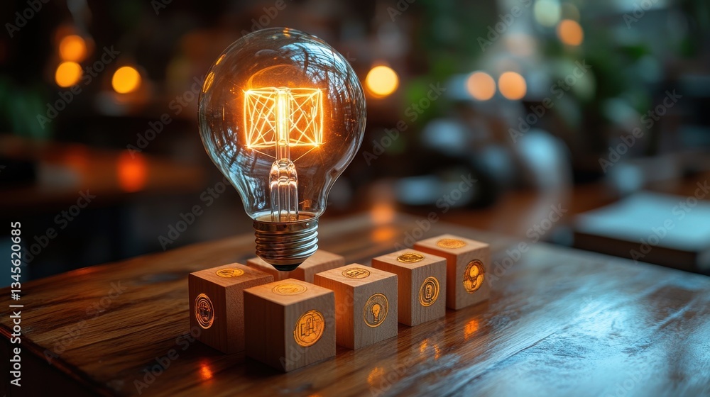 Poster turning on light bulb idea and trial and error concept putting wood cubes with icons on table top vi