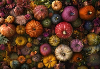 Colorful pumpkins and autumn flowers background.