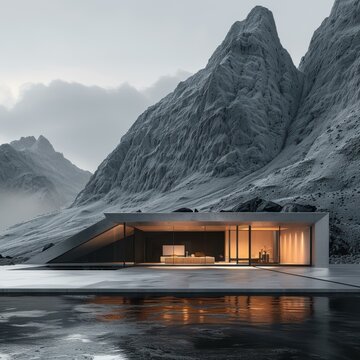 Modern house nestled in a mountain landscape. AI.