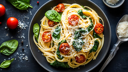 A spinach and roasted tomato pasta with garlic and parmesan cheese.