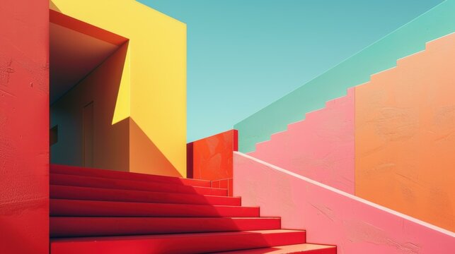 Colorful stairs leading up to a bright sky. AI.