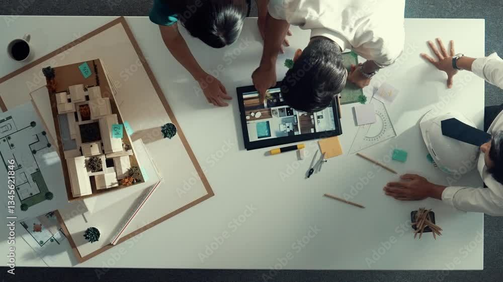 Poster top down view of architect engineer team discussing and point at tablet display construction at tabl