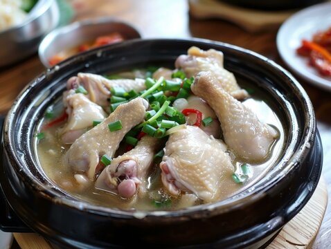Chicken soup in a pot. AI.