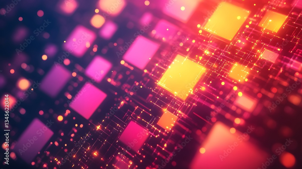 Poster digital electronic pattern with glowing squares and connected circuits depicted