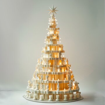 A unique and modern Christmas tree made from wood and lights. AI.