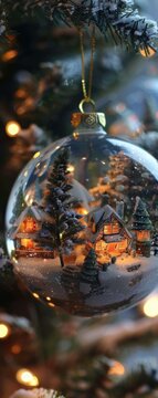 A snowy village scene inside a Christmas ornament. AI.