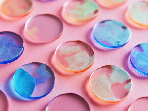 A close up of colorful circular objects on a pink background. AI.