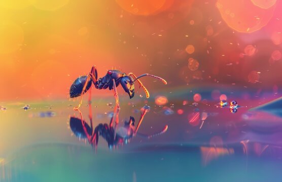 A close-up shot of an ant with its reflection on a shiny surface. AI.