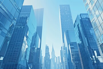 High Detail Image of Urban Majesty with Glass Skyscrapers Under Clear Blue Sky