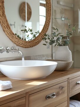 Modern bathroom vanity with a white porcelain sink and a woven mirror. AI.