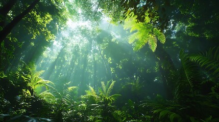 Obraz premium Sunbeams illuminate a dense with mystical rainforest Lush greenery vibrant foliage create a serene tranquil.