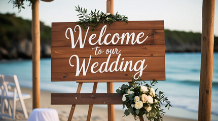 Rustic wooden wedding welcome sign with greenery and floral accents, displayed on an easel on a sandy beach with ocean in the background. Welcome to our wedding