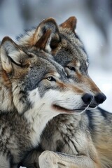 Two wolves huddled together in the snow. AI.