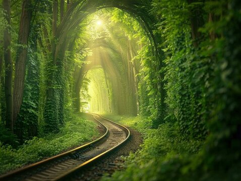 A train track winds through a lush green forest, creating a tunnel of trees. AI.