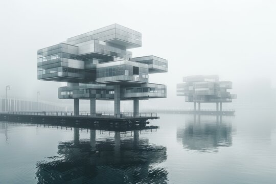 A modern building on stilts over water. AI.