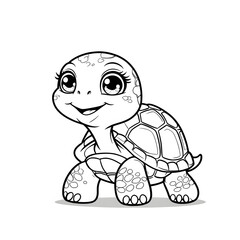 Fototapeta premium Enjoy the charm of this kawaii turtle coloring page, designed for a fun and relaxing coloring experience. This adorable turtle features big, sparkling eyes, a friendly smile, and a cute round shell