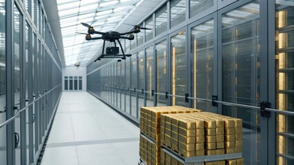 Obraz premium High-tech storage facility with a drone and stacked gold bars.