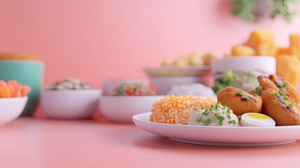 A close-up shot of a delicious meal with fried chicken, rice, and various side dishes on a pink background.