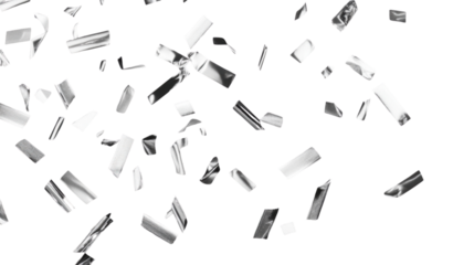Silver confetti falling on transparent background for seamless integration