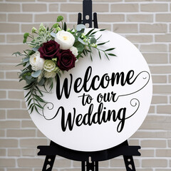 Rustic wooden wedding welcome sign with greenery and floral accents, displayed on an easel on a sandy beach with ocean in the background. Welcome to our wedding