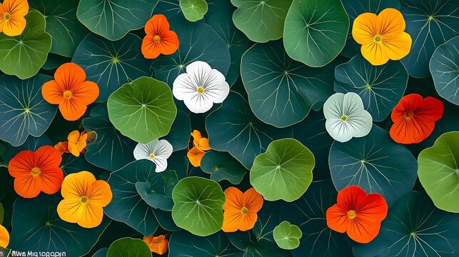 Vibrant Nasturtium Blooms in a Summer Garden: Detailed Botanical Illustration AI Generated