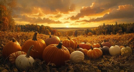 Autumn sunset over pumpkin patch.