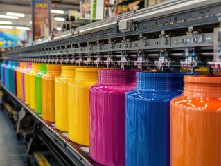 Colorful ink jars on factory production line