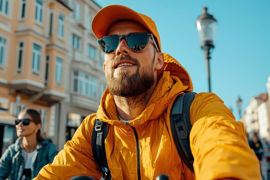 Capture the essence of modern independence with this vibrant image of a young man enjoying freedom He's effortlessly riding a bicycle with one hand, a smartphone casually held in the other