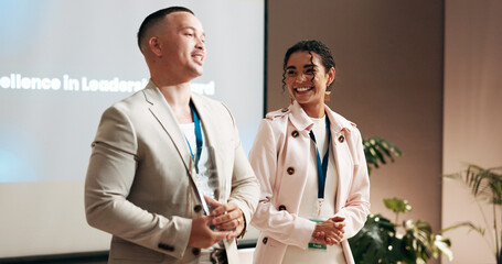 Business, people and speaker with award at conference for corporate excellence, recognition and achievement. Global summit, employees and happy with trophy at event for sales performance and success