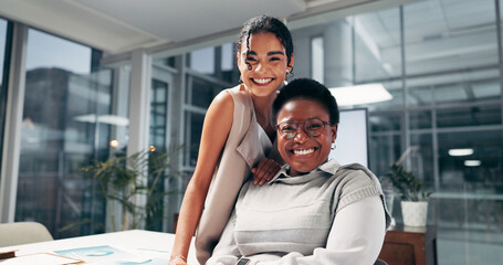 Portrait, confident and women with smile, team and marketing manager with documents and ambitious....