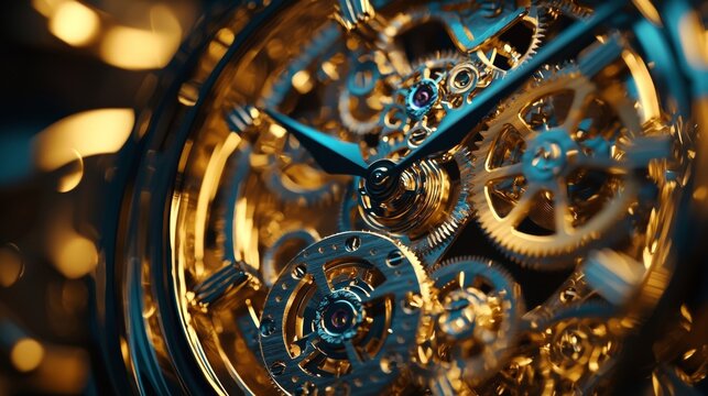 Detailed close-up of intricate clockwork mechanism revealing golden gears and springs within the watch - Powered by Adobe