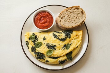 A photo of a plate with a spinach omelet