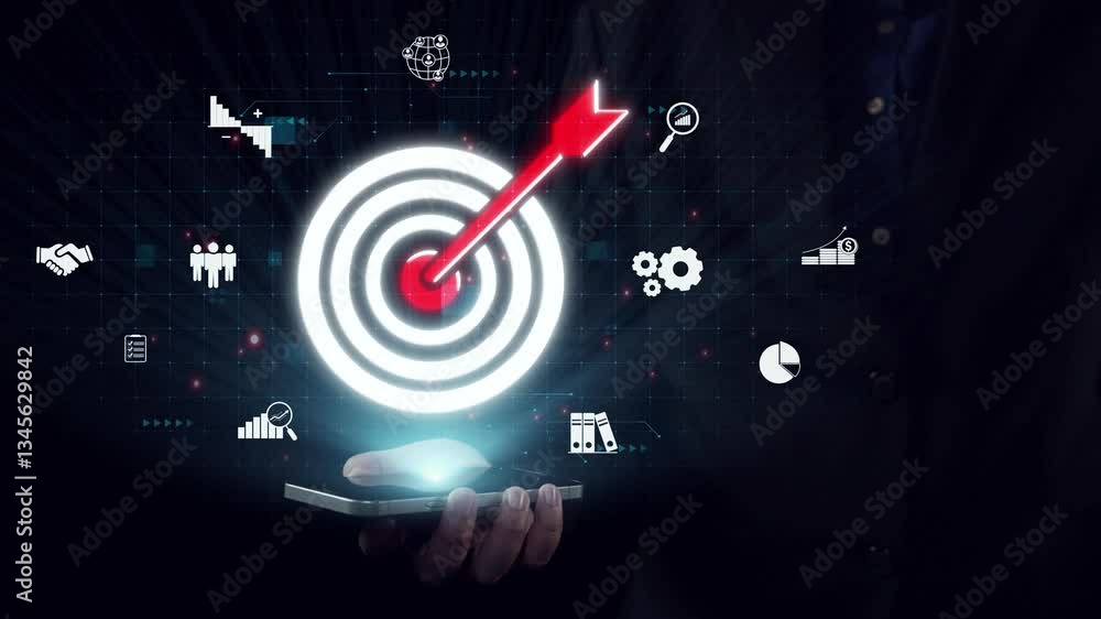 Poster a hand holds a smartphone displaying a target with an arrow, representing a focused approach to digi