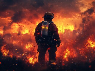 Naklejka premium Firefighter battling city wildfire, courageous act