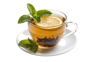 A photo of a white cup filled with tea and mint leaves