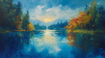 Obraz premium Serene autumn landscape with featuring a lake reflecting the colorful trees mountains under a beautiful sky.