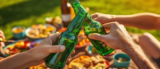 Cheers with beer bottles at a sunny picnic.