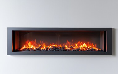 Modern wall-mounted fireplace with vibrant flames and stylish design in a minimalist interior setting