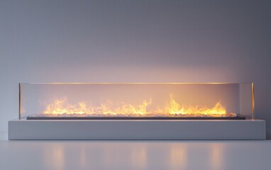 Modern fireplace design with long glass enclosure and smooth stones for a stylish and warm living space