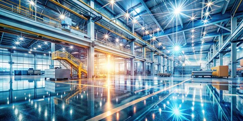 Double Exposure: Industrial Cleanliness, Fluorescent Reflections, Modern Factory, Polished Surfaces, Gleaming Floors