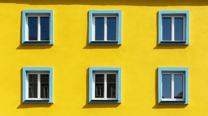 Obraz premium Bright Yellow Building with Light Blue Framed Windows