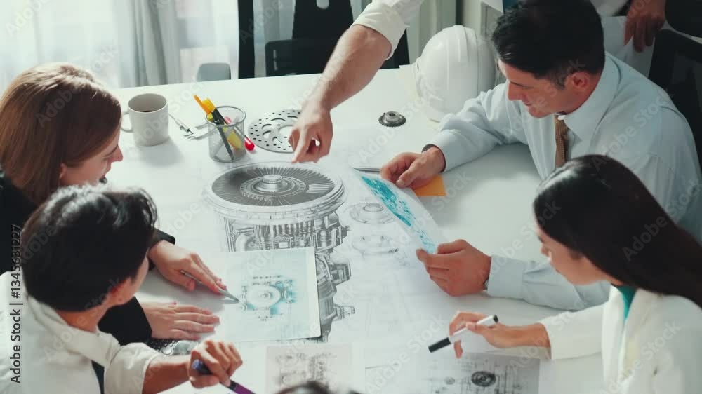 Poster top view of engineer pointing at turbine engine at meeting table with equipment. aerial view of prof