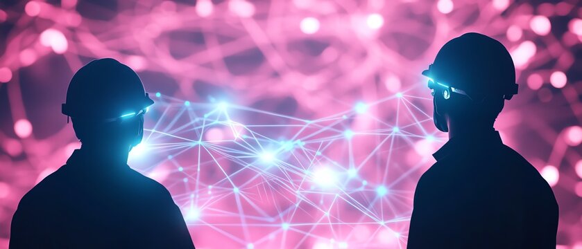 Two workers analyze data with digital interface.