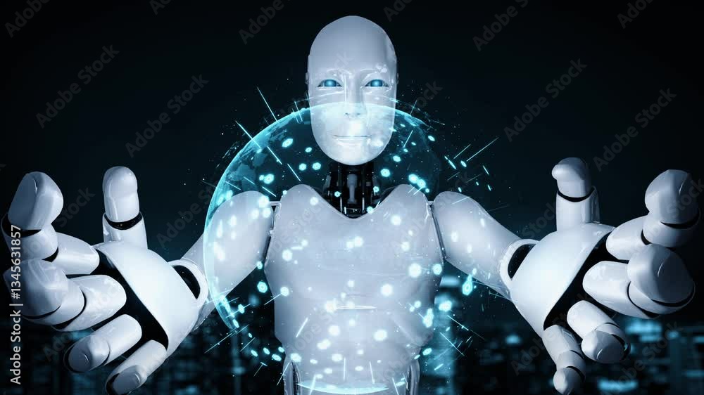 Poster ai hominoid robot holding virtual hologram screen showing concept of big data analytic using artific