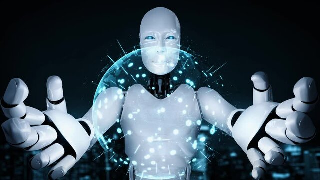 AI hominoid robot holding virtual hologram screen showing concept of big data analytic using artificial intelligence thinking by machine learning process. 3D rendering.