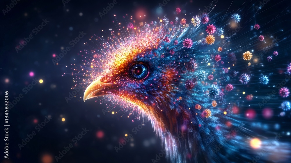 Aufkleber metaphorical representation of avian flu with vibrant colors and dynamic particles