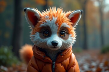 A red fox with a fluffy orange coat and bushy tail, standing in a forest clearing