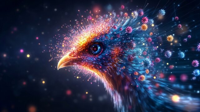 Metaphorical representation of avian flu with vibrant colors and dynamic particles