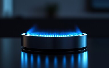 Gas flame burning on a stovetop with a soft glow in a dimly lit kitchen setting during evening hours
